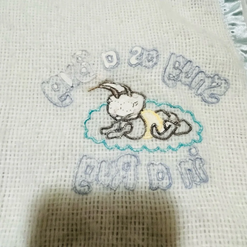 VTG Baby Blanket Blue Satin Trim SNUG AS A BUG IN A RUG 100% Acrylic Embroidered